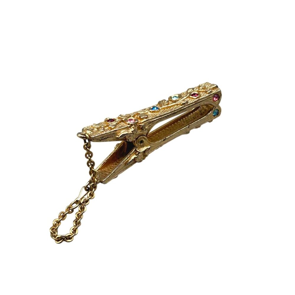 Vintage Gold ToneGlowers Dress or Scarf Clip with Chain Rhinestones Embellished